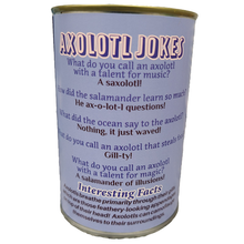 Load image into Gallery viewer, Canned Blue Axolotl Stuffed Animal Plush w/Jokes Unique Gift: Pop Top Lid