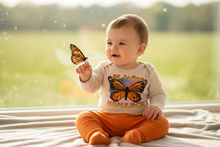Load image into Gallery viewer, Sock Monkey Kids M is for Monarch Onesie