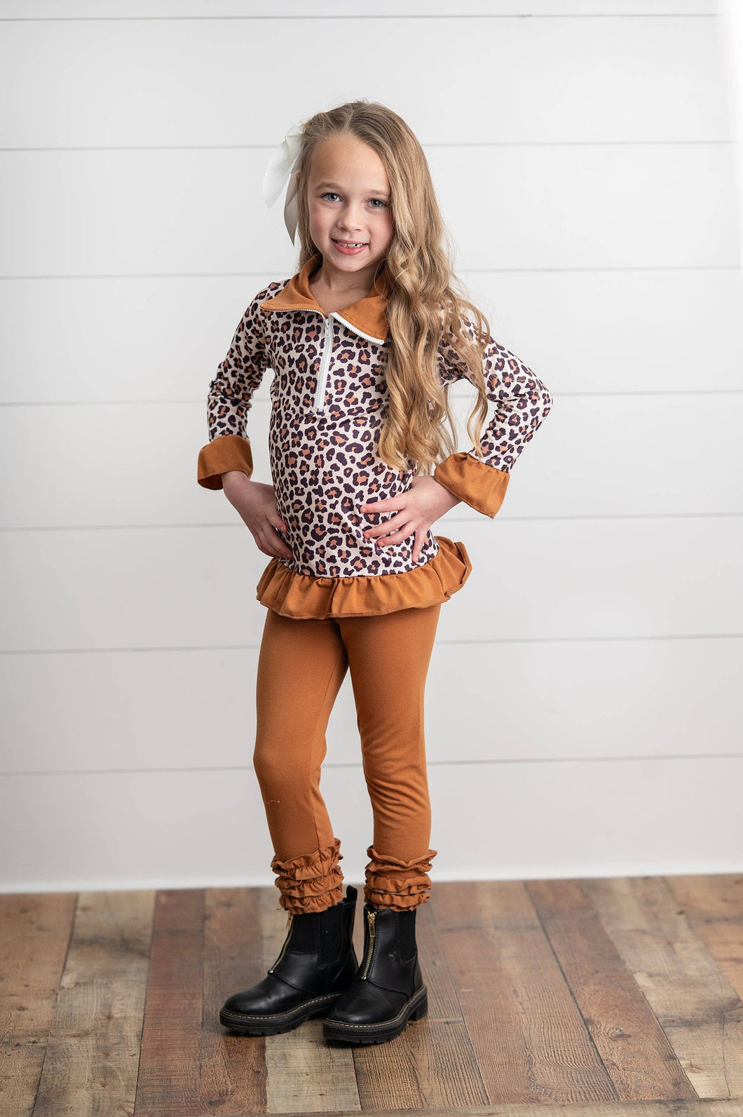 Rust & Leopard Ruffle Zip Up Carmel Pant Set
