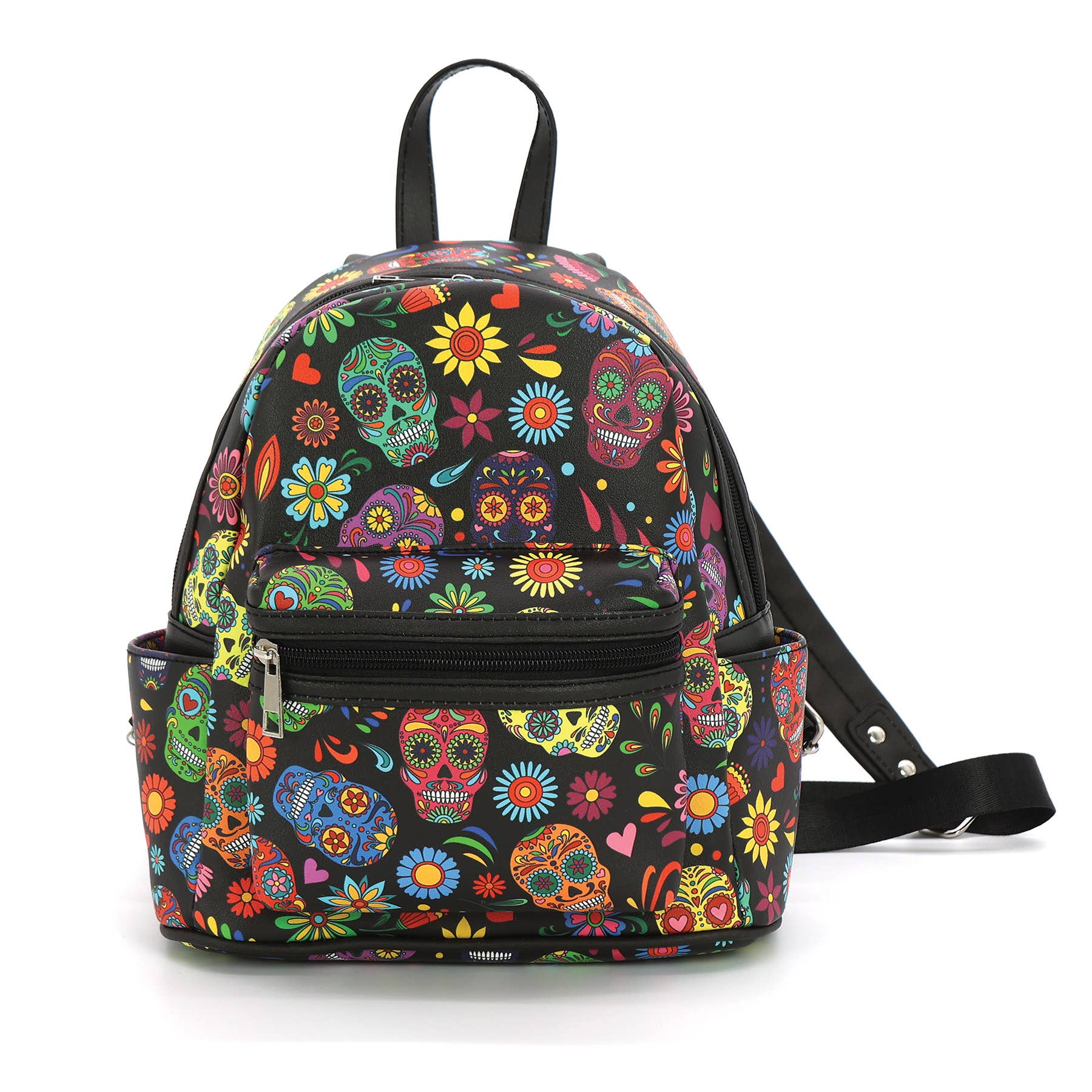 black and white with floral on it mini backpack Floral Sugar Skull Head Collage Mini Backpack – Sock Monkey LLC