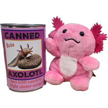 Load image into Gallery viewer, Canned Axolotl | Stuffed Animal Plush w/Jokes | Unique Gift: Pop Top Lid
