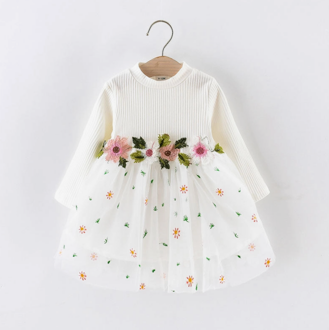 Ribbed Dress with Flowers White