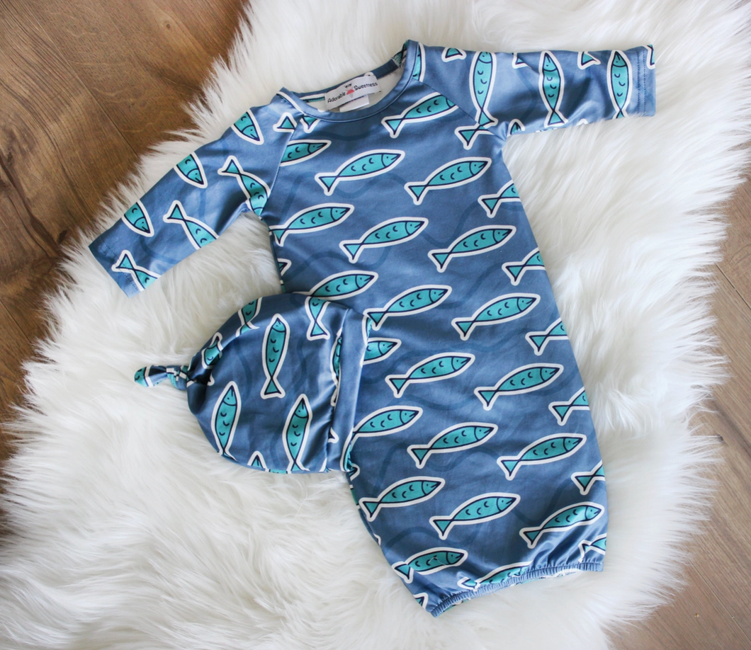 Blue Fish Baby Gown with Cap