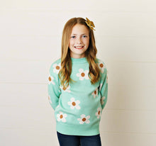 Load image into Gallery viewer, Oopsie Daisy Teal Flower Crew Neck Sweater
